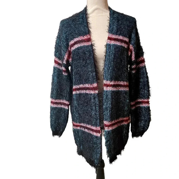 Anthropologie Raga Eyelash Fuzzy Knit Cardigan | OS Blue Black Red Cozy Layer - Picture 1 of 14